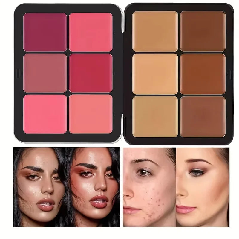 Blushimmer 12-color concealer, blush, and contour palette with matte cream shades for all-in-one face makeup.