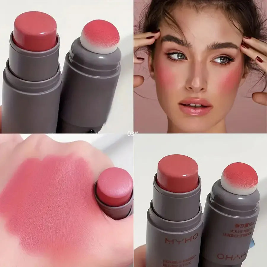 Blushimmer double-ended blush stick with creamy, long-lasting matte natural rouge in a sleek monochrome design.