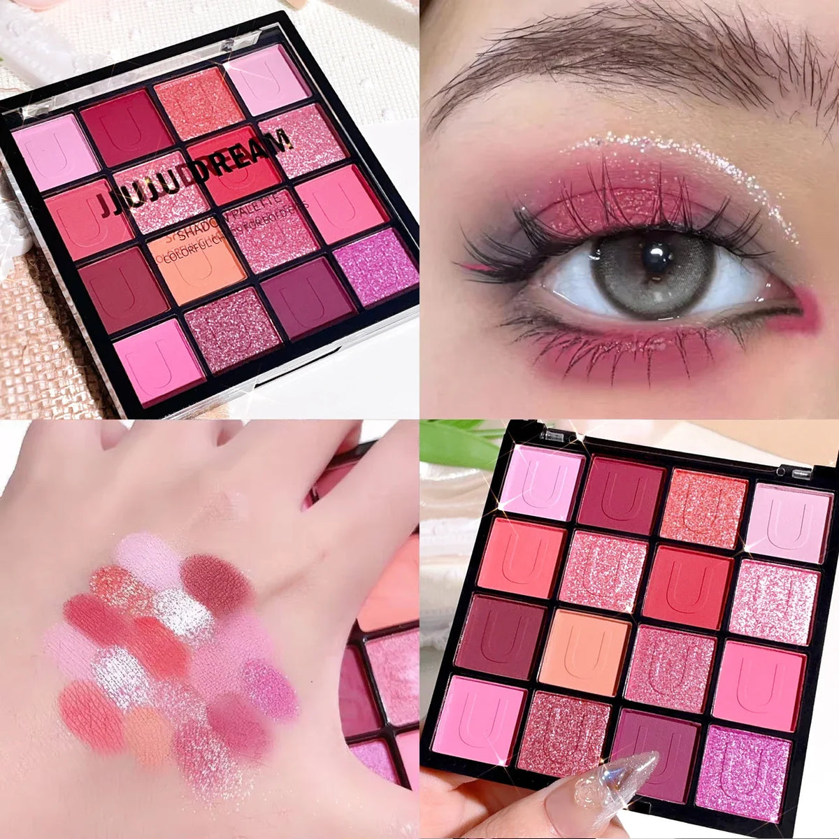 Blushimmer 16-grid red eyeshadow palette with purple glitter, pearl matte, shimmer makeup for women, Korean eye cosmetics