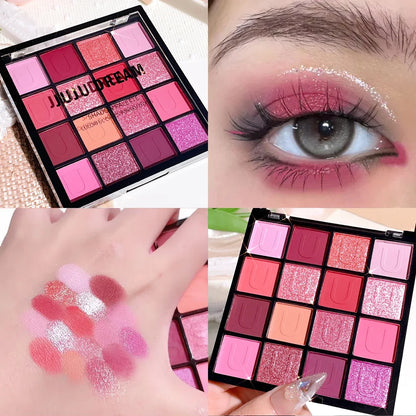 Blushimmer 16-grid red eyeshadow palette with purple glitter, pearl matte, shimmer makeup for women, Korean eye cosmetics