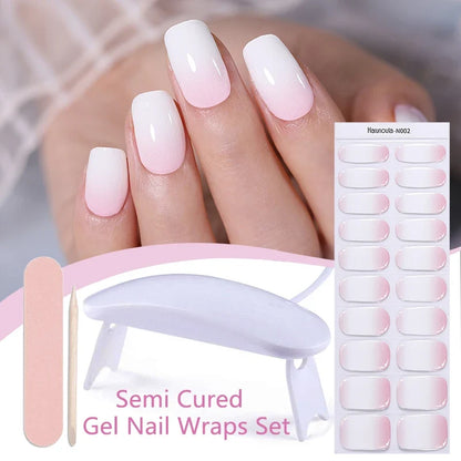 Blushimmer Harunouta 4-piece gradient jelly semi-cured gel nail strips with nude pink waterproof stickers and nail lamp for long-lasting manicures.