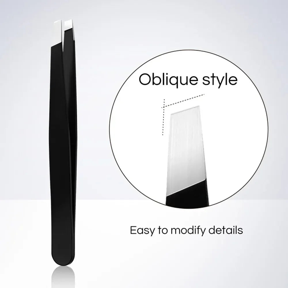 Black stainless steel eyebrow tweezer by Blushimmer with slant and flat points for eyebrow shaping and ingrown hair removal.