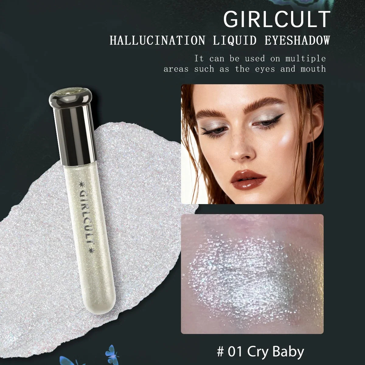 Blushimmer Girlcult Hallucination liquid eyeshadow with fine glitter, metallic shine, and iridescent shift for eye highlighting.