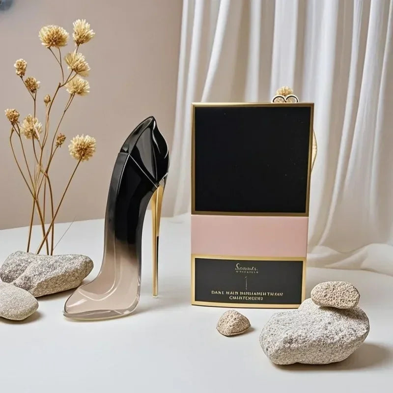 Elegant 80ml women's floral perfume bottle by Blushimmer with a high heel design, showcasing the luxury fragrance spray.