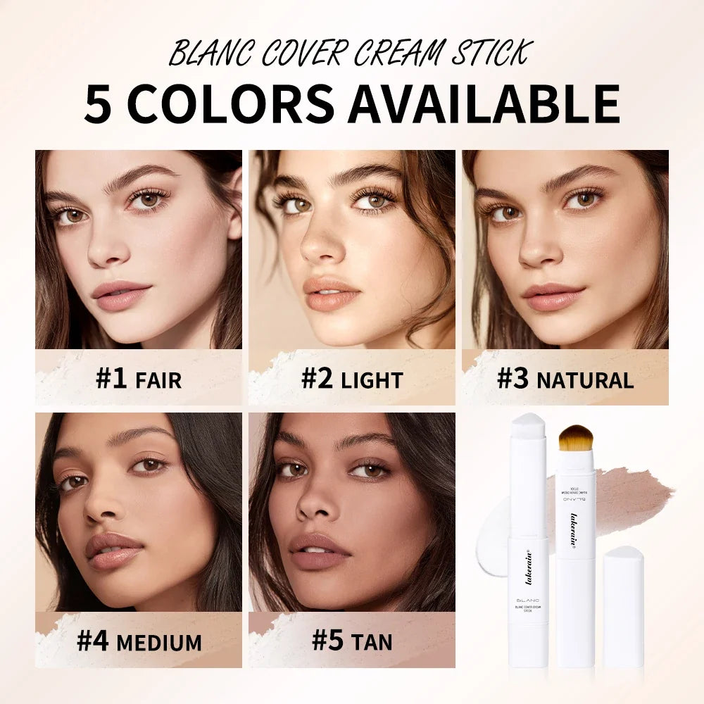 Blushimmer color changing foundation stick with dual-ended high coverage waterproof base makeup and brush application.