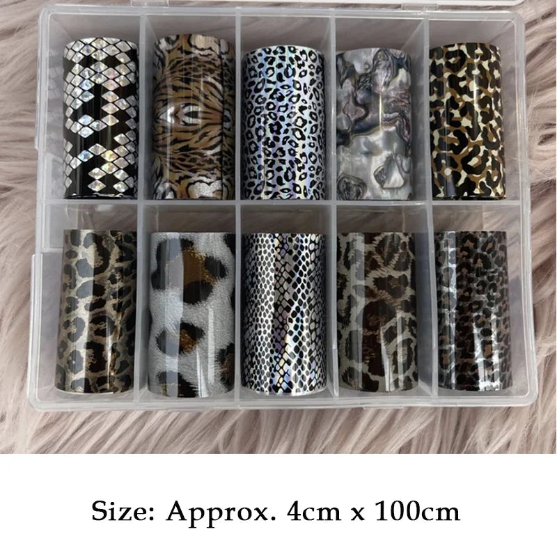 Neon jelly animal nail foils by Blushimmer featuring water leopard print designs for DIY nail art transfer stickers.