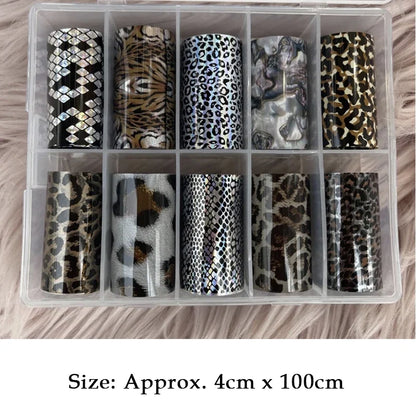 Neon jelly animal nail foils by Blushimmer featuring water leopard print designs for DIY nail art transfer stickers.
