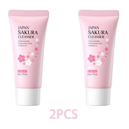 Blushimmer Laikou Sakura Facial Cleanser bottle with pink cherry blossom design, showcasing gentle face wash for deep pore cleansing.