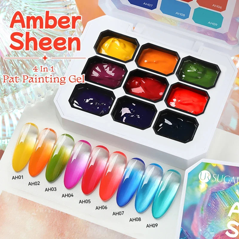 Blushimmer UR SUGAR 9-color gradient painting gel for nail art, showing vibrant color swatches and gradient nail design.