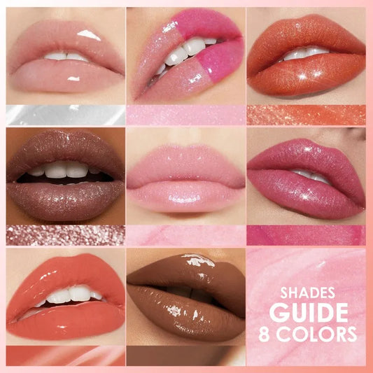 Shiny water lip gloss by Blushimmer in a clear jelly tube with glossy, moisturizing, intense color for lips.