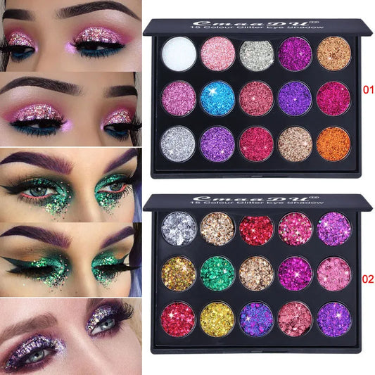 Blushimmer CmaaDu gold glitter eyeshadow tray with 15 colors, shimmering, waterproof, easy to apply, and vibrant for eye makeup.