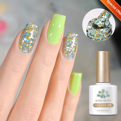 Silver glitter gel nail polish from Blushimmer with reflective, sparkling finish in 10ml bottle, perfect for UV nail art and manicures.