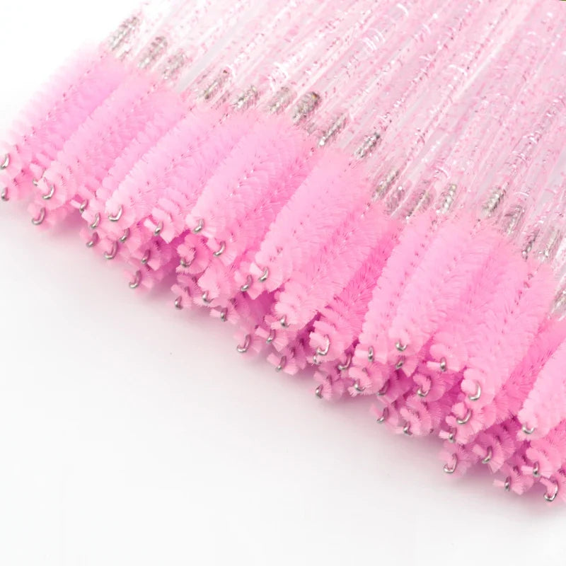 Set of 50 Blushimmer eyelash and eyebrow brushes, mascara wands, and applicators with spooler tips for lash extension and makeup.