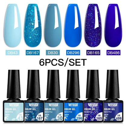 Blushimmer MTSSII 6-piece set of sparkly red gel nail polishes with shiny finish, suitable for LED and UV nail art and manicures.