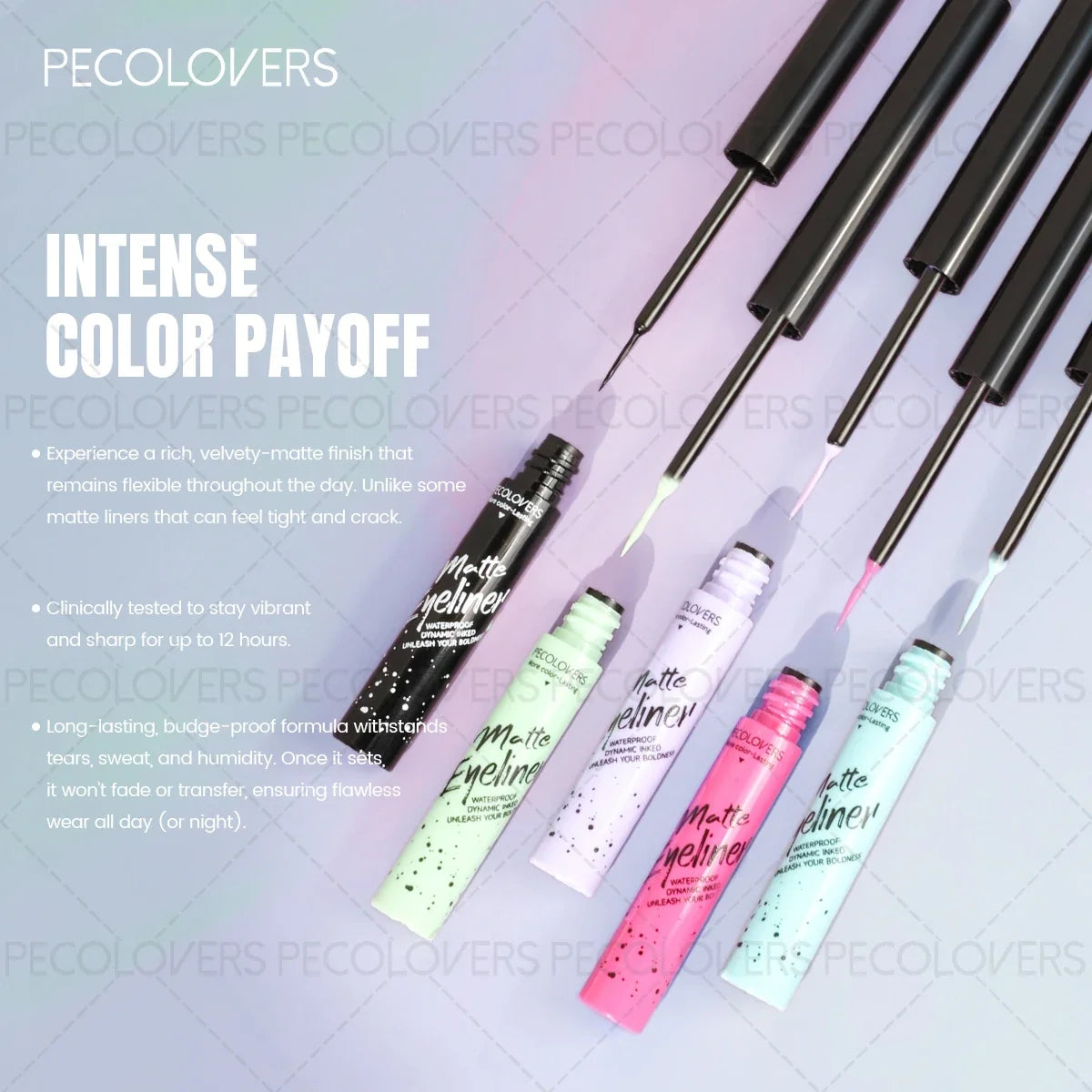 Colorful liquid eyeliner by Blushimmer featuring precise application, waterproof formula, and quick-drying, ideal for holiday parties.