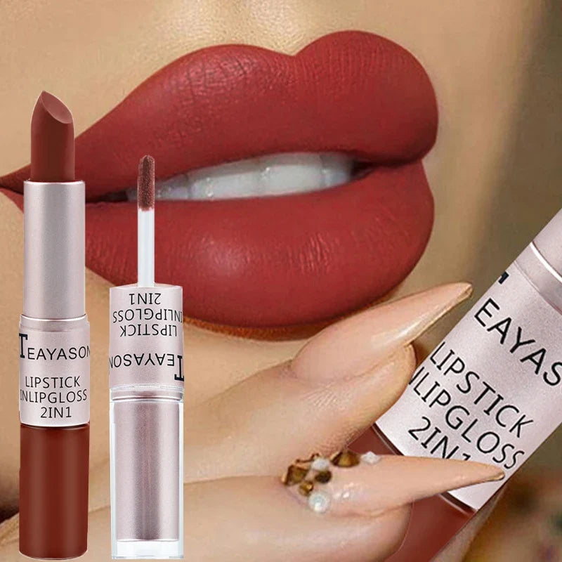 Blushimmer 2-in-1 velvet matte lipstick and lip gloss in bold red with double head design, waterproof and non-stick cup finish.