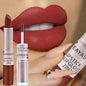 Blushimmer 2-in-1 velvet matte lipstick and lip gloss in bold red with double head design, waterproof and non-stick cup finish.
