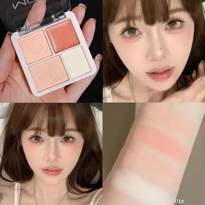 Blushimmer 4-color pink peach blush powder and cream palette with highlighter, face blusher, and cheek tint for brightening makeup