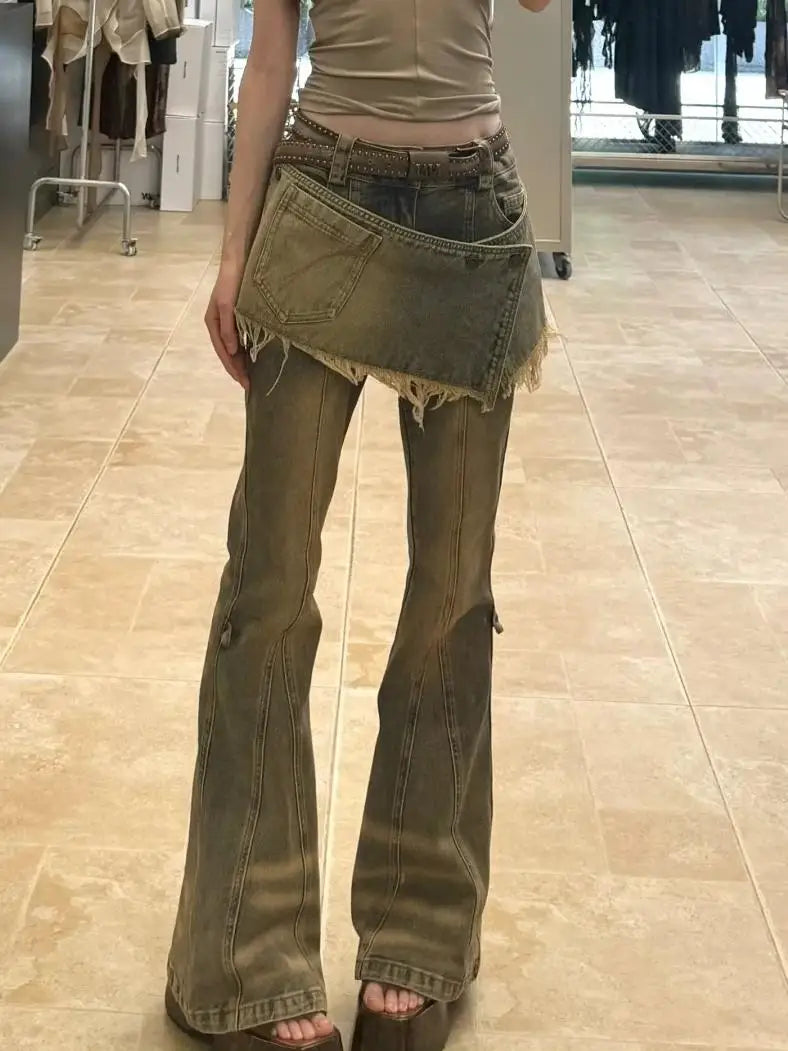 Women's Vintage Y2k Flare Jeans with Skirt Harajuku Baggy Denim Pants Japanese 2000s Style Denim Trouser Oversize Clothes 2025