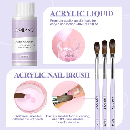 SAVILAND Essentials Acrylic Nail Kit Complete Set for Beginners with White Pink Clear Powder Liquid 8 10 14 Brush Nail Forms