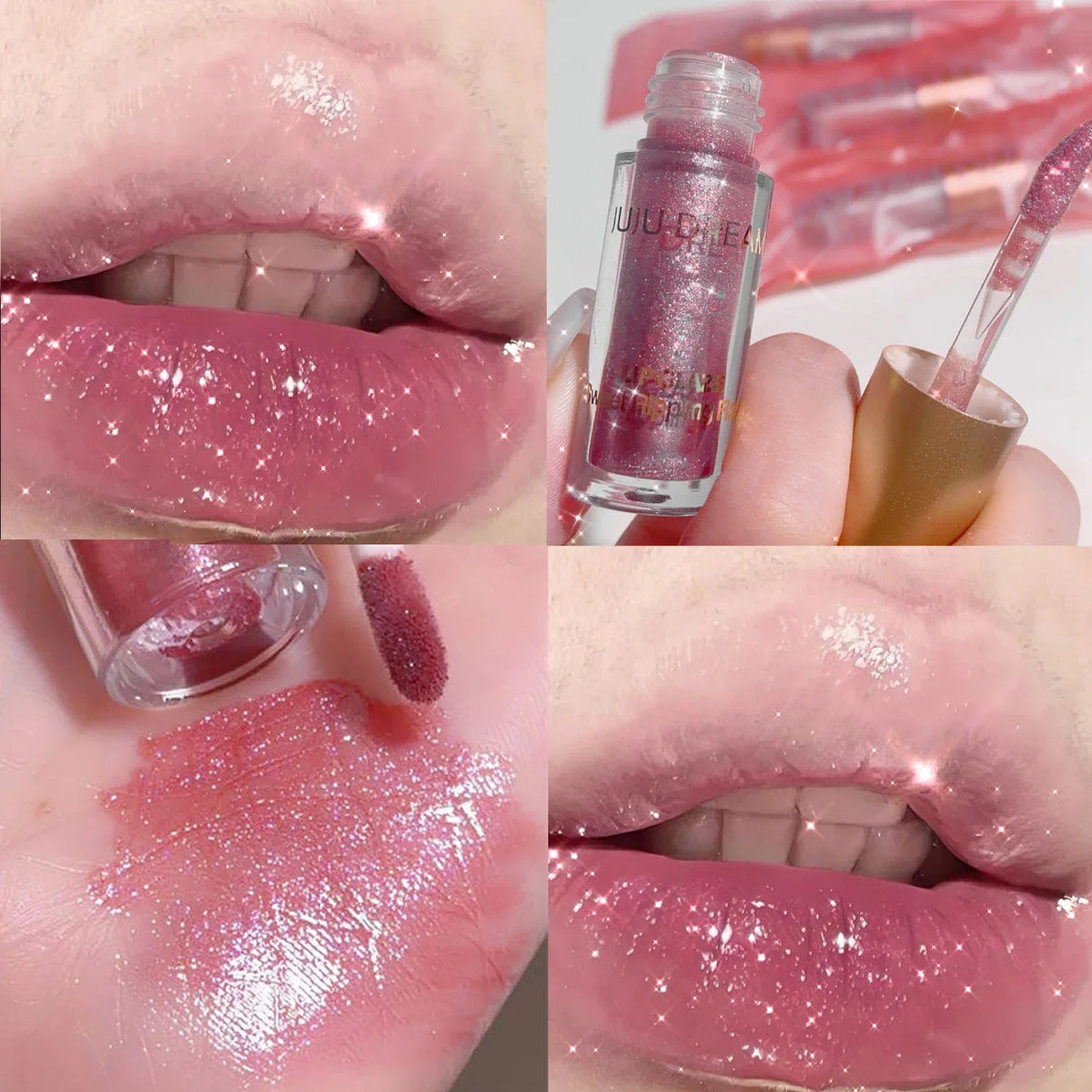 Blushimmer Sweet Sparkling Lip Glaze mirror lip shine transparent water gloss on lips, reflecting light with a glossy finish