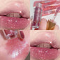 Blushimmer Sweet Sparkling Lip Glaze mirror lip shine transparent water gloss on lips, reflecting light with a glossy finish