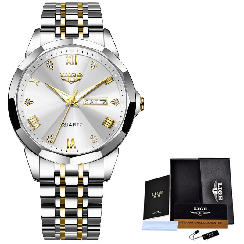 LIGE women's quartz waterproof wristwatch with a sleek design, casual sport style, and military-inspired details.