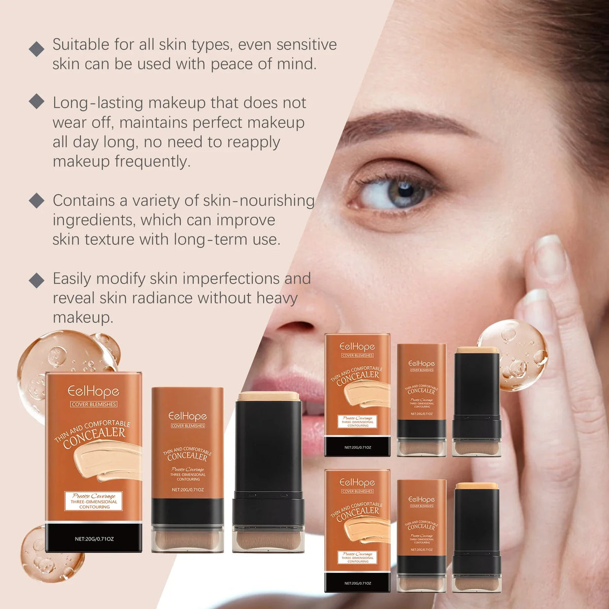 Concealer Foundation Stick with Brush Oil Control Brightening Makeup Natural Matte Finish Coverage Dark Circles Blemishes