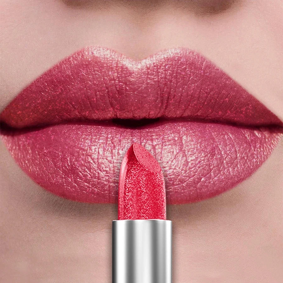 Blushimmer 21Colors metallic lipstick with glitter and pearlescent finish, showcasing vibrant shades and shiny, long-lasting lip tint.