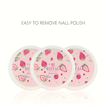 Box of 32 Blushimmer strawberry nail polish remover pads, soft absorbable wipes for easy manicure and pedicure care.