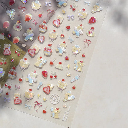 Close-up of Blushimmer Juicy Red Cherry Bowknot 5D nail art stickers with shiny crystal rhinestones for DIY manicure decoration.