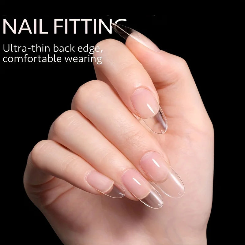 Set of 120 Blushimmer full cover press-on gel nail tips in stiletto, almond, square, and coffin shapes for easy nail extensions.