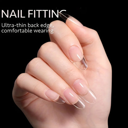 Set of 120 Blushimmer full cover press-on gel nail tips in stiletto, almond, square, and coffin shapes for easy nail extensions.