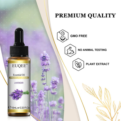EUQEE Blushimmer 10ml essential oil bottle with lavender, jasmine, eucalyptus, vanilla, sandalwood, orange, lemon, oregano, and neroli.