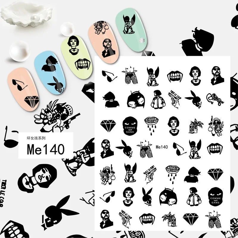 Black and white nail art stickers by Blushimmer featuring sexy woman girl designs for press-on nails and decorative nail wraps.