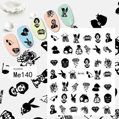 Black and white nail art stickers by Blushimmer featuring sexy woman girl designs for press-on nails and decorative nail wraps.