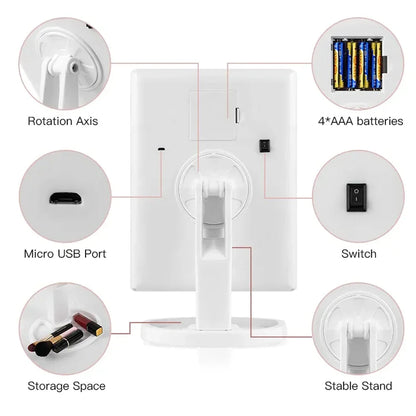 Blushimmer vanity makeup mirror with LED lights, 2X/3X/10X magnification, touch control, portable tri-fold design.