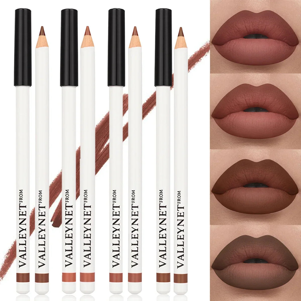 Blushimmer 4-piece lip liner and lipstick set with waterproof eyeliner, showcasing sleek lip and eye makeup in a compact collection.