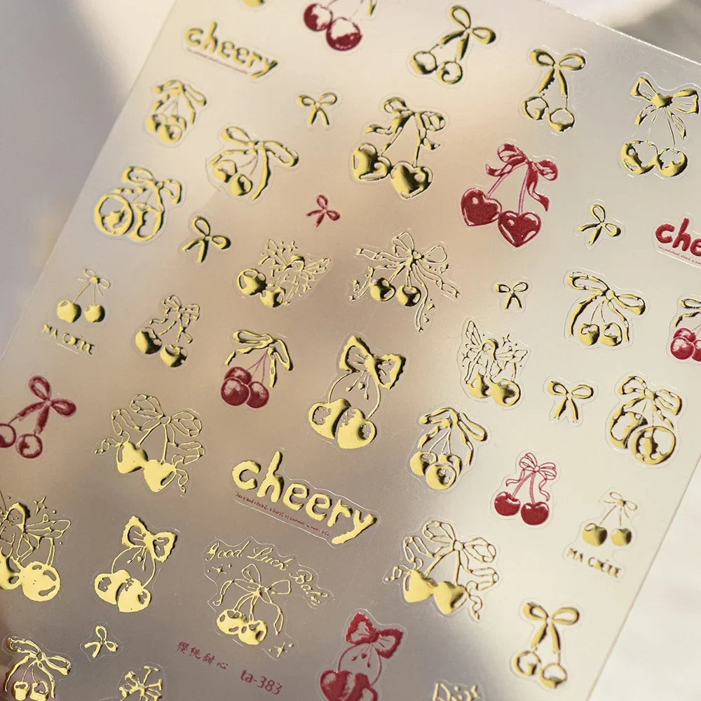Cute red cherry bowknot 5D nail art stickers with shiny rhinestones, self-adhesive manicure decals for DIY nail decoration.