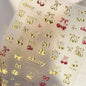 Cute red cherry bowknot 5D nail art stickers with shiny rhinestones, self-adhesive manicure decals for DIY nail decoration.