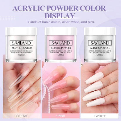 SAVILAND Essentials Acrylic Nail Kit Complete Set for Beginners with White Pink Clear Powder Liquid 8 10 14 Brush Nail Forms