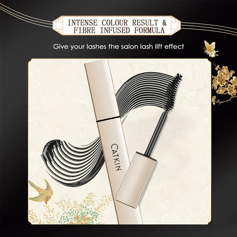 Blushimmer Catkin Black Waterproof Mascara with volumizing and lengthening formula, 7.5g tube, applied on eyelashes.