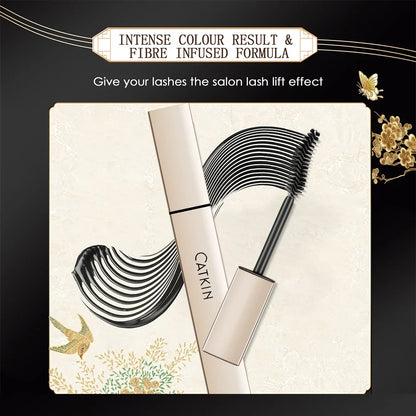 Blushimmer Catkin Black Waterproof Mascara with volumizing and lengthening formula, 7.5g tube, applied on eyelashes.
