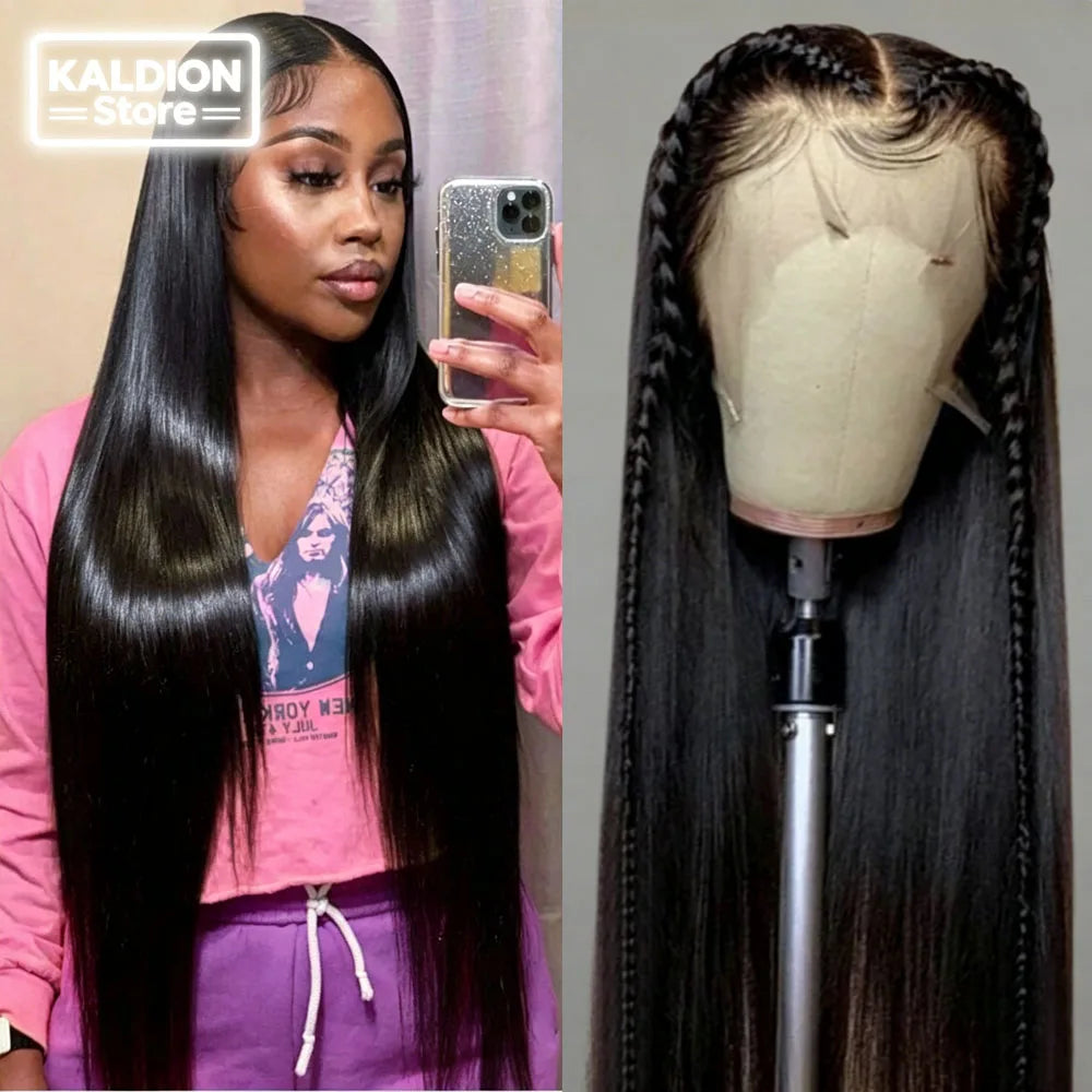 Selvanelle 40-inch bone straight Brazilian human hair wig with transparent lace, full lace frontal, 13x4 or 13x6, 250% density