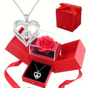 Women's Double Heart Necklace in Rose Gift Box - for Mother, Wife, Girlfriend - Valentine's Day, Birthday, Wedding Present