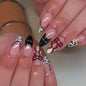 Set of 24 Blushimmer wine red almond press-on nails with cartoon rabbit, bowknot, plaid, pearl accents, French style, detachable design