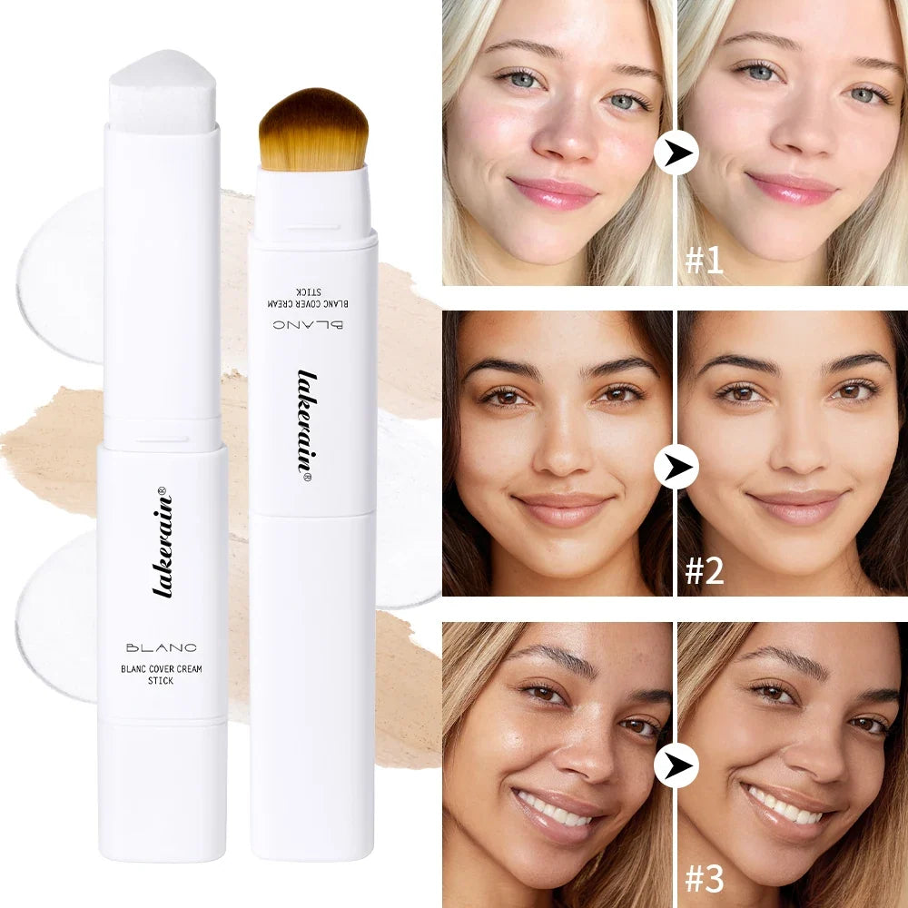 Blushimmer color changing foundation stick with dual-ended design, high coverage, waterproof formula, and built-in brush for base makeup.