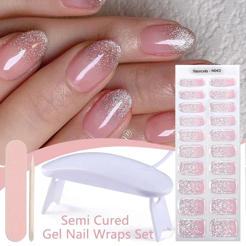 Blushimmer Harunouta 4-piece set of nude pink gradient jelly semi-cured gel nail strips with waterproof stickers and nail lamp.