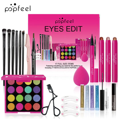 Blushimmer makeup gift set for women with eyebrow powder, lipstick, lip gloss, eye shadow palette, brushes, shimmer, and glitter.