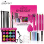 Blushimmer makeup gift set for women with eyebrow powder, lipstick, lip gloss, eye shadow palette, brushes, shimmer, and glitter.